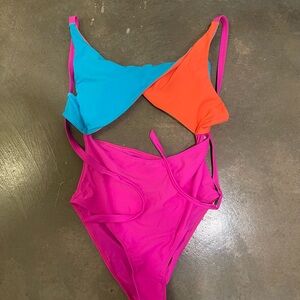SHEIN Colorblock One-Piece Swimsuit in Hot Pink, Aqua & Orange